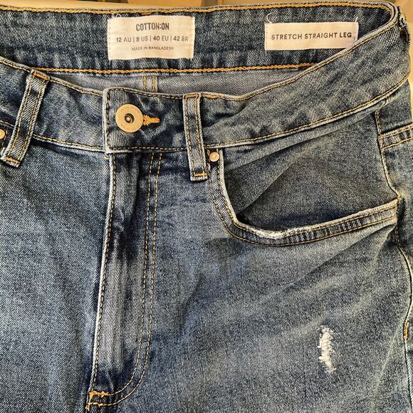 Cotton On Women Waxed & Ripped Denim Stretch Straight Leg Jeans size 8 US, Blue - Picture 8 of 13